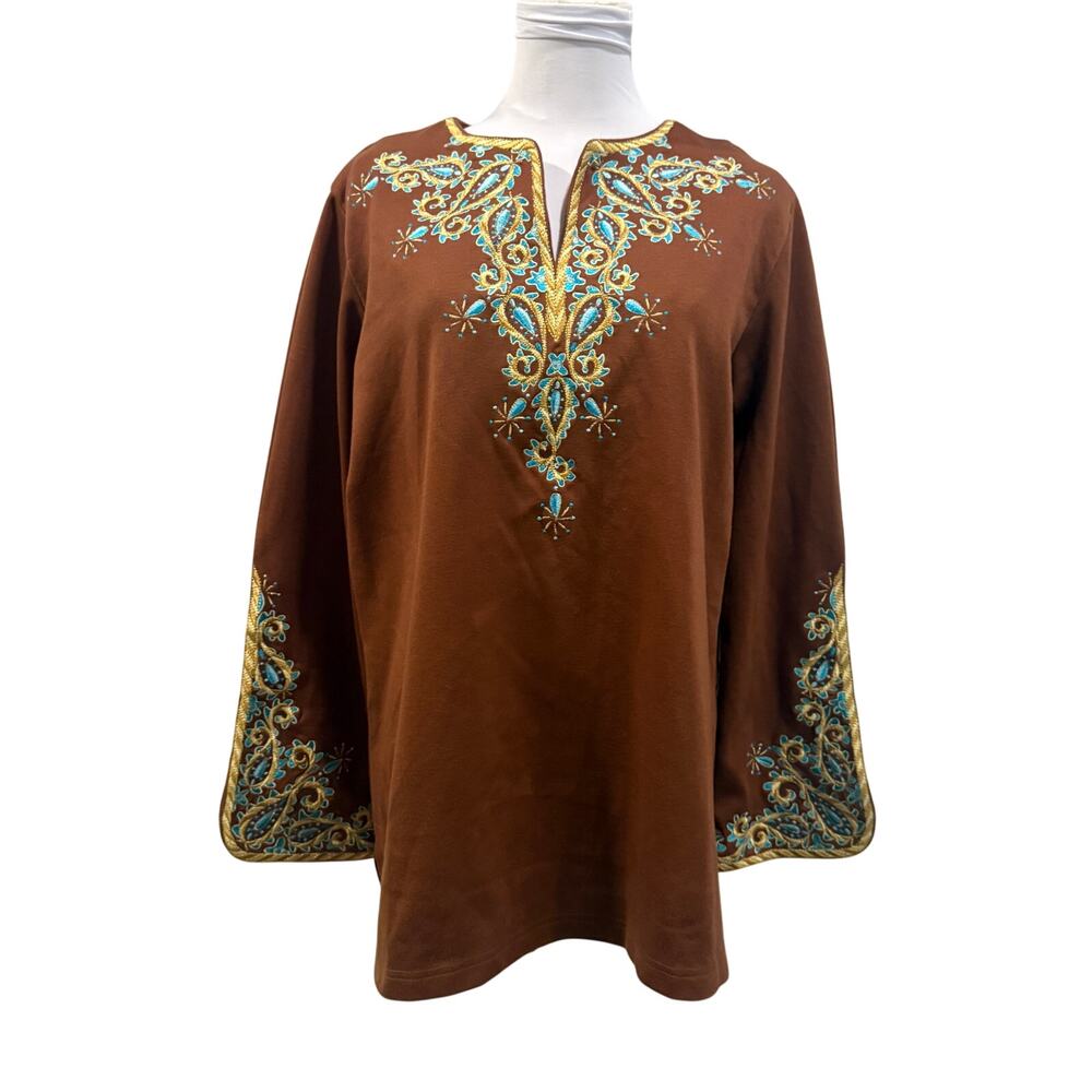 Bob Mackie Brown Wearable Art Ornate Blue Gold Embroidered Tunic Top Boho Large